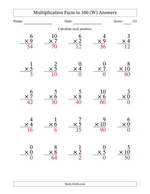 The Multiplication Facts to 100 (25 Questions) (With Zeros) (W) Math Worksheet Page 2