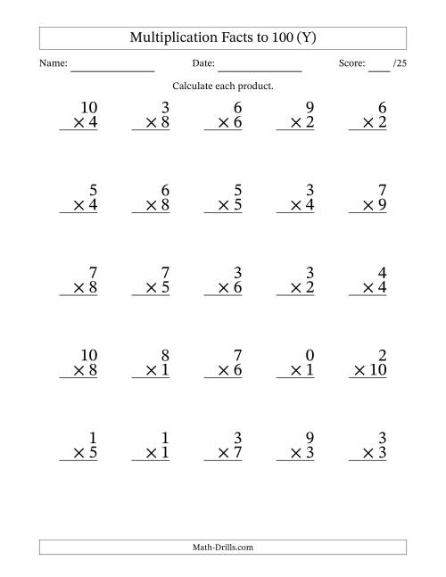 The Multiplication Facts to 100 (25 Questions) (With Zeros) (Y) Math Worksheet