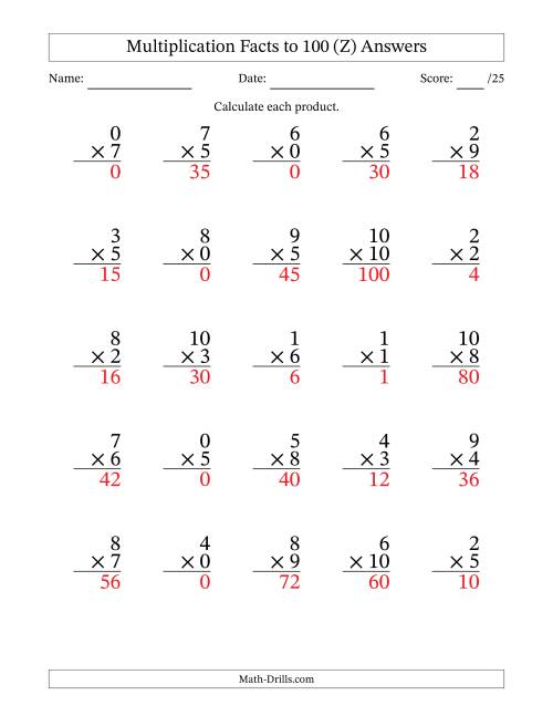 The Multiplication Facts to 100 (25 Questions) (With Zeros) (Z) Math Worksheet Page 2