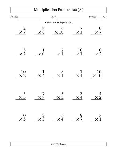 The Multiplication Facts to 100 (25 Questions) (With Zeros) (All) Math Worksheet