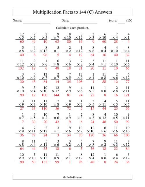 The Multiplication Facts to 144 (100 Questions) (No Zeros) (C) Math Worksheet Page 2