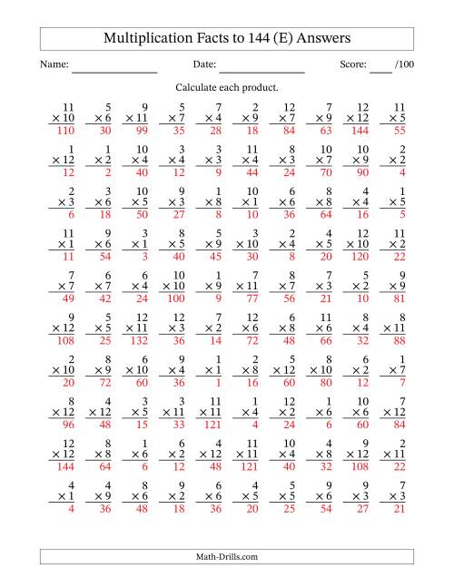 The Multiplication Facts to 144 (100 Questions) (No Zeros) (E) Math Worksheet Page 2