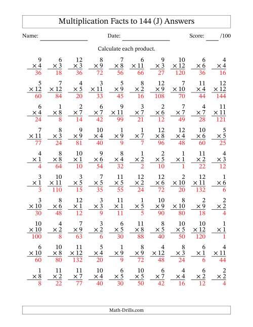 The Multiplication Facts to 144 (100 Questions) (No Zeros) (J) Math Worksheet Page 2