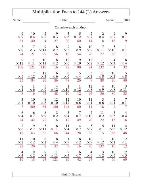 The Multiplication Facts to 144 (100 Questions) (No Zeros) (L) Math Worksheet Page 2