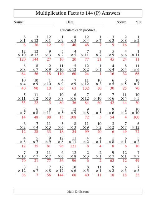 The Multiplication Facts to 144 (100 Questions) (No Zeros) (P) Math Worksheet Page 2