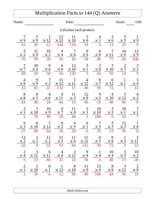 The Multiplication Facts to 144 (100 Questions) (No Zeros) (Q) Math Worksheet Page 2