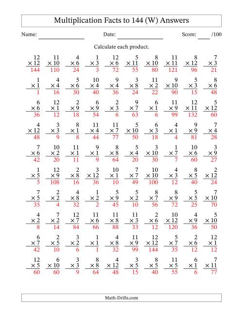 The Multiplication Facts to 144 (100 Questions) (No Zeros) (W) Math Worksheet Page 2