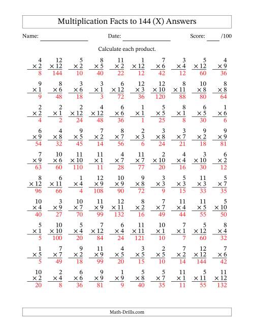 The Multiplication Facts to 144 (100 Questions) (No Zeros) (X) Math Worksheet Page 2