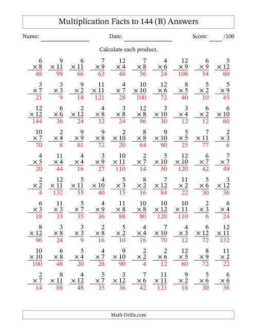 The Multiplication Facts to 144 (100 Questions) (No Zeros or Ones) (B) Math Worksheet Page 2