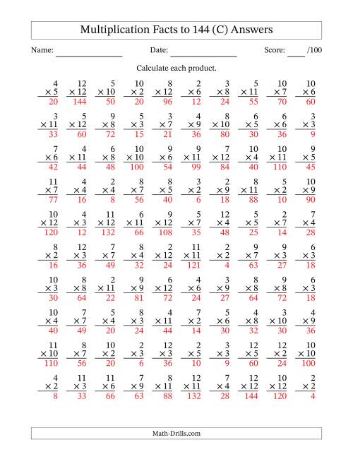 The Multiplication Facts to 144 (100 Questions) (No Zeros or Ones) (C) Math Worksheet Page 2