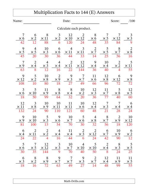 The Multiplication Facts to 144 (100 Questions) (No Zeros or Ones) (E) Math Worksheet Page 2