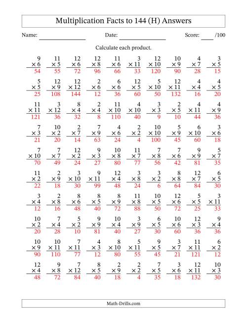 The Multiplication Facts to 144 (100 Questions) (No Zeros or Ones) (H) Math Worksheet Page 2