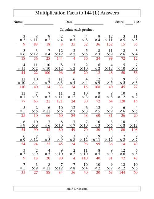The Multiplication Facts to 144 (100 Questions) (No Zeros or Ones) (L) Math Worksheet Page 2