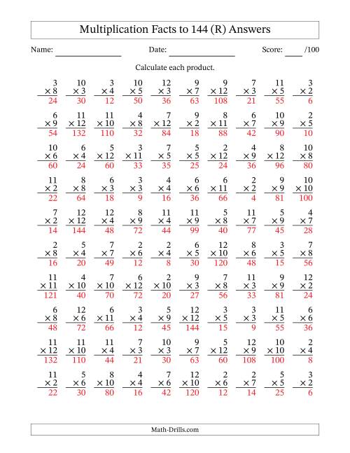 The Multiplication Facts to 144 (100 Questions) (No Zeros or Ones) (R) Math Worksheet Page 2
