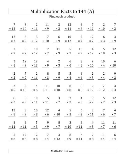 The Multiplication Facts to 144 No Zeros No Ones (Old) Math Worksheet