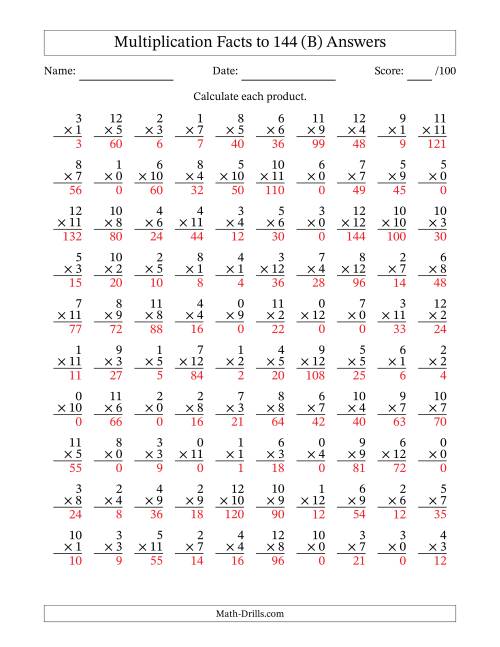 The Multiplication Facts to 144 (100 Questions) (With Zeros) (B) Math Worksheet Page 2