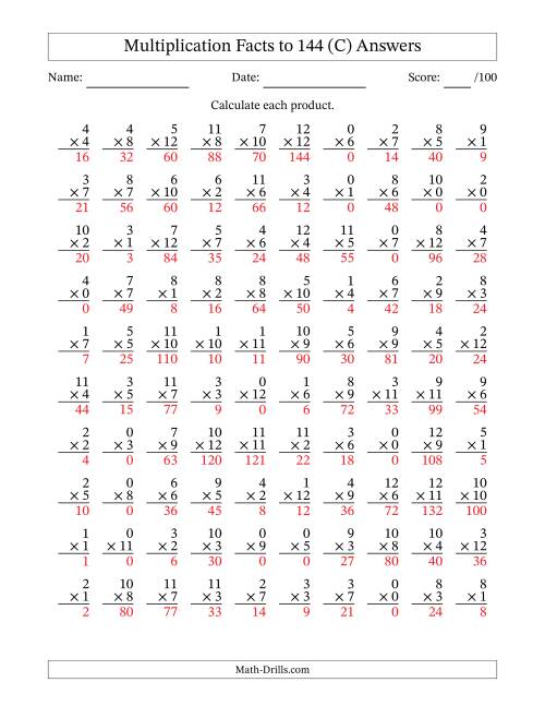The Multiplication Facts to 144 (100 Questions) (With Zeros) (C) Math Worksheet Page 2