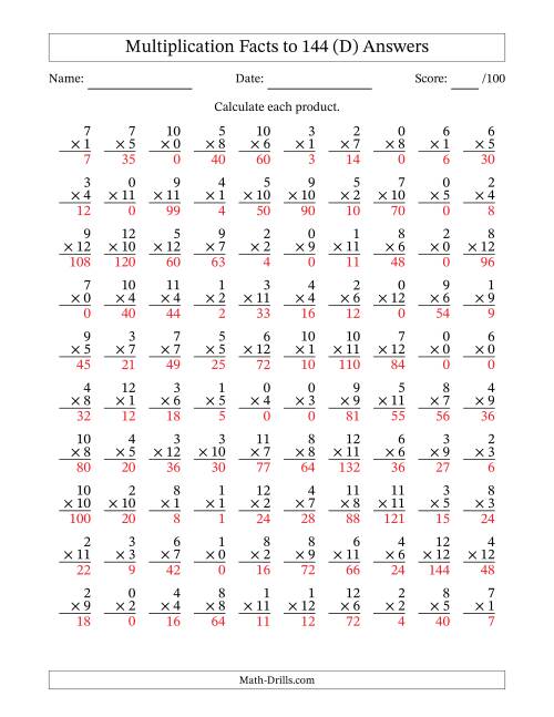 The Multiplication Facts to 144 (100 Questions) (With Zeros) (D) Math Worksheet Page 2
