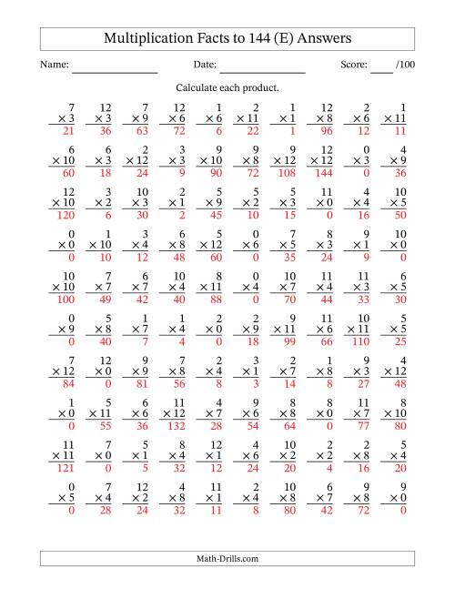 The Multiplication Facts to 144 (100 Questions) (With Zeros) (E) Math Worksheet Page 2
