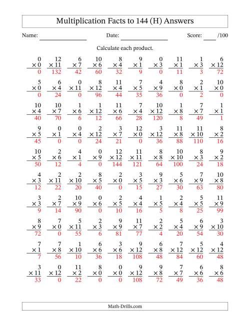 The Multiplication Facts to 144 (100 Questions) (With Zeros) (H) Math Worksheet Page 2