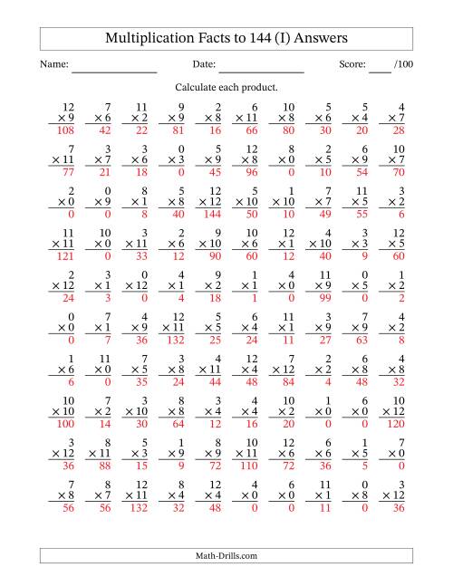 The Multiplication Facts to 144 (100 Questions) (With Zeros) (I) Math Worksheet Page 2