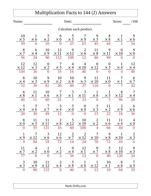 The Multiplication Facts to 144 (100 Questions) (With Zeros) (J) Math Worksheet Page 2