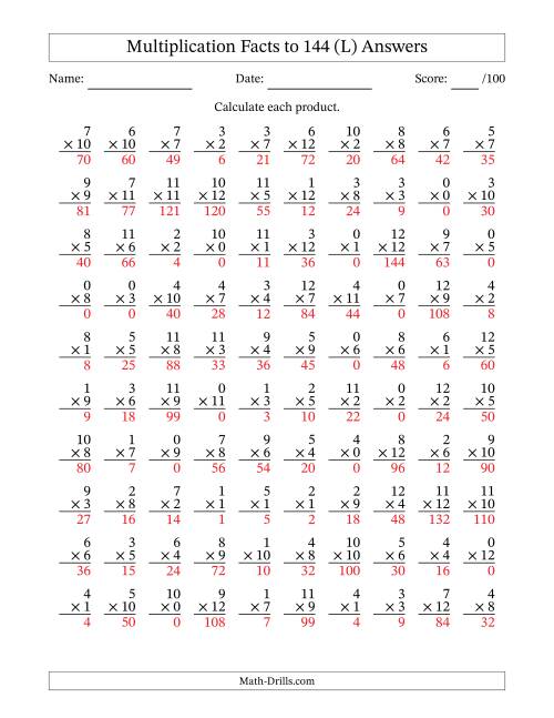 The Multiplication Facts to 144 (100 Questions) (With Zeros) (L) Math Worksheet Page 2