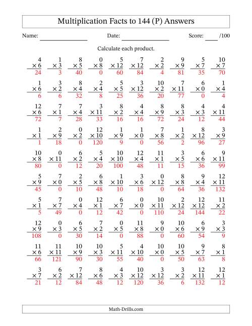 The Multiplication Facts to 144 (100 Questions) (With Zeros) (P) Math Worksheet Page 2