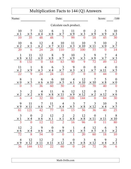 The Multiplication Facts to 144 (100 Questions) (With Zeros) (Q) Math Worksheet Page 2