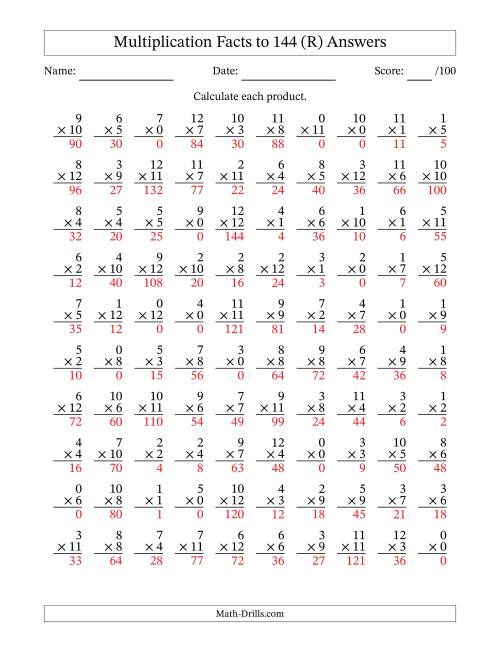 The Multiplication Facts to 144 (100 Questions) (With Zeros) (R) Math Worksheet Page 2