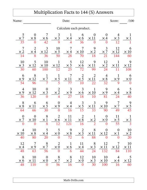 The Multiplication Facts to 144 (100 Questions) (With Zeros) (S) Math Worksheet Page 2