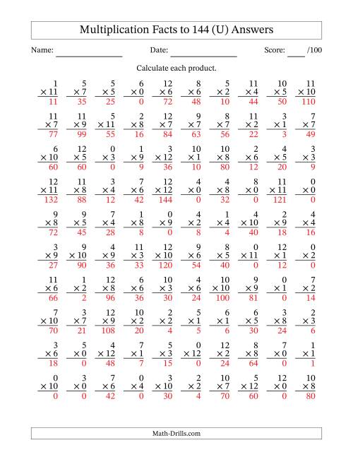The Multiplication Facts to 144 (100 Questions) (With Zeros) (U) Math Worksheet Page 2