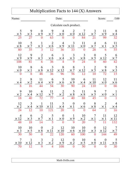 The Multiplication Facts to 144 (100 Questions) (With Zeros) (X) Math Worksheet Page 2