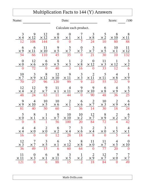 The Multiplication Facts to 144 (100 Questions) (With Zeros) (Y) Math Worksheet Page 2