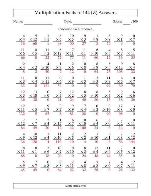 The Multiplication Facts to 144 (100 Questions) (With Zeros) (Z) Math Worksheet Page 2