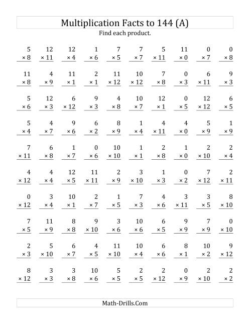 The Multiplication Facts to 144 Including Zeros (Old) Math Worksheet