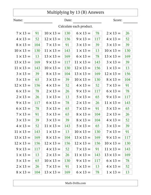 The Horizontally Arranged Multiplying (1 to 13) by 13 (100 Questions) (B) Math Worksheet Page 2