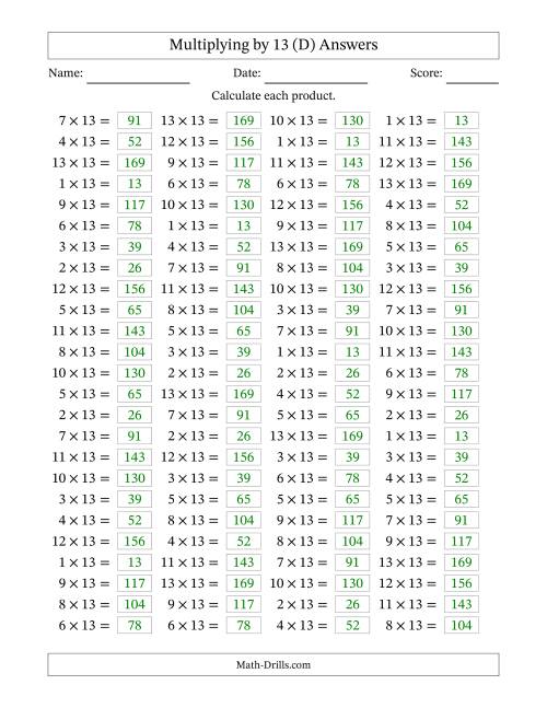 The Horizontally Arranged Multiplying (1 to 13) by 13 (100 Questions) (D) Math Worksheet Page 2