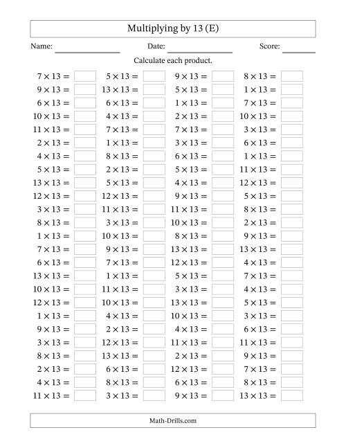 The Horizontally Arranged Multiplying (1 to 13) by 13 (100 Questions) (E) Math Worksheet