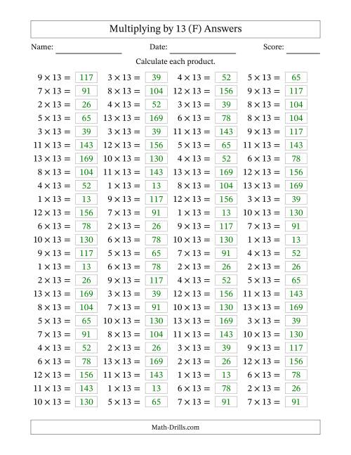 The Horizontally Arranged Multiplying (1 to 13) by 13 (100 Questions) (F) Math Worksheet Page 2