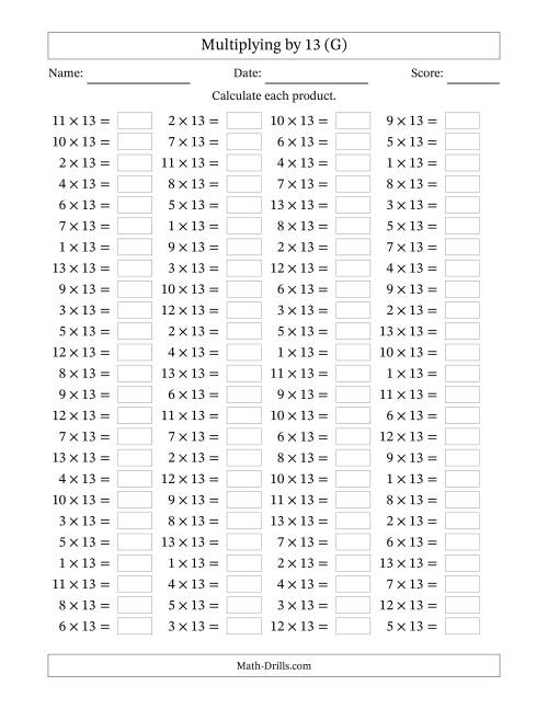 The Horizontally Arranged Multiplying (1 to 13) by 13 (100 Questions) (G) Math Worksheet
