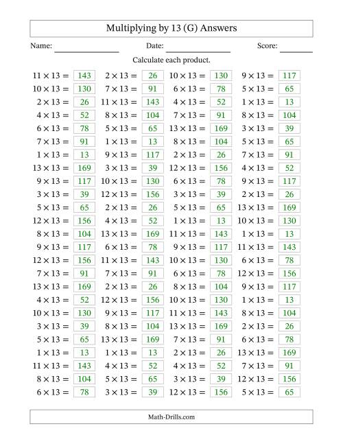 The Horizontally Arranged Multiplying (1 to 13) by 13 (100 Questions) (G) Math Worksheet Page 2