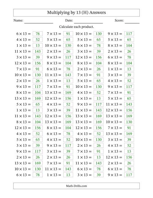 The Horizontally Arranged Multiplying (1 to 13) by 13 (100 Questions) (H) Math Worksheet Page 2
