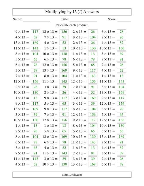 The Horizontally Arranged Multiplying (1 to 13) by 13 (100 Questions) (J) Math Worksheet Page 2