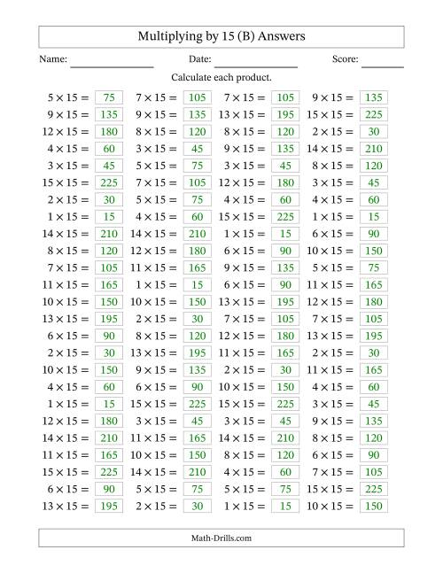 The Horizontally Arranged Multiplying (1 to 15) by 15 (100 Questions) (B) Math Worksheet Page 2