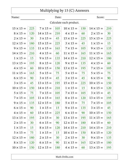 The Horizontally Arranged Multiplying (1 to 15) by 15 (100 Questions) (C) Math Worksheet Page 2