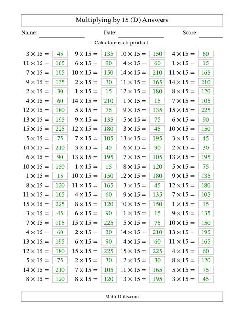 The Horizontally Arranged Multiplying (1 to 15) by 15 (100 Questions) (D) Math Worksheet Page 2