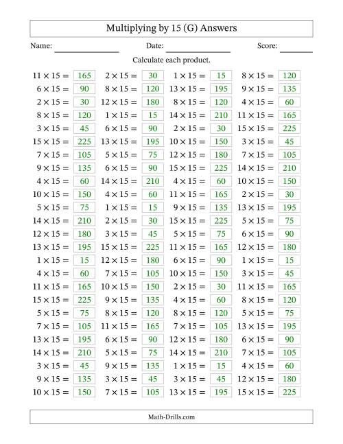 The Horizontally Arranged Multiplying (1 to 15) by 15 (100 Questions) (G) Math Worksheet Page 2