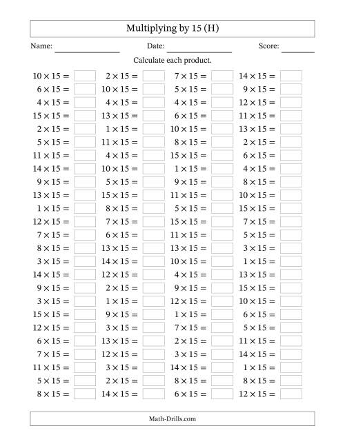 The Horizontally Arranged Multiplying (1 to 15) by 15 (100 Questions) (H) Math Worksheet