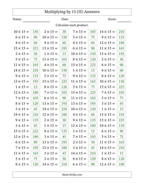 The Horizontally Arranged Multiplying (1 to 15) by 15 (100 Questions) (H) Math Worksheet Page 2